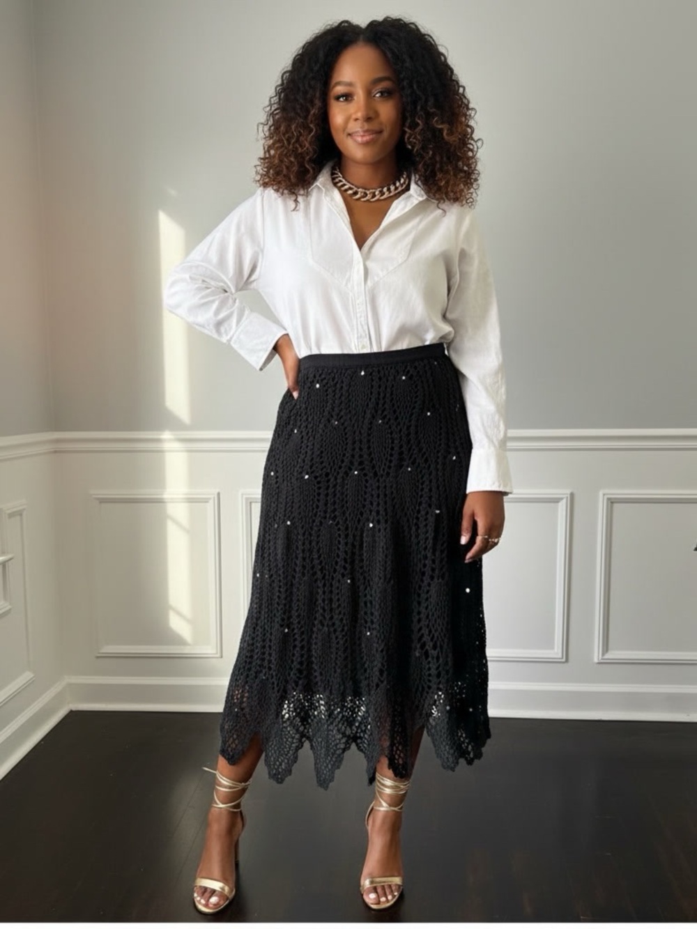 Ulla Popken Black Crochet Maxi Skirt with Sequin